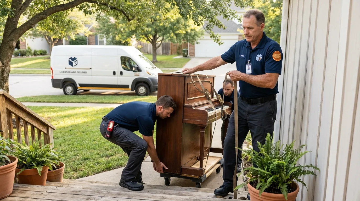 Licensed piano movers securing grand piano in Baldwin, GA