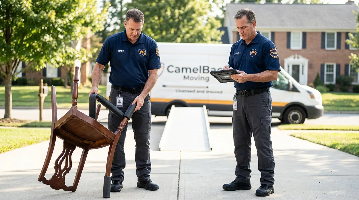 Movers inspecting furniture for damage prevention before loading in Baldwin, GA